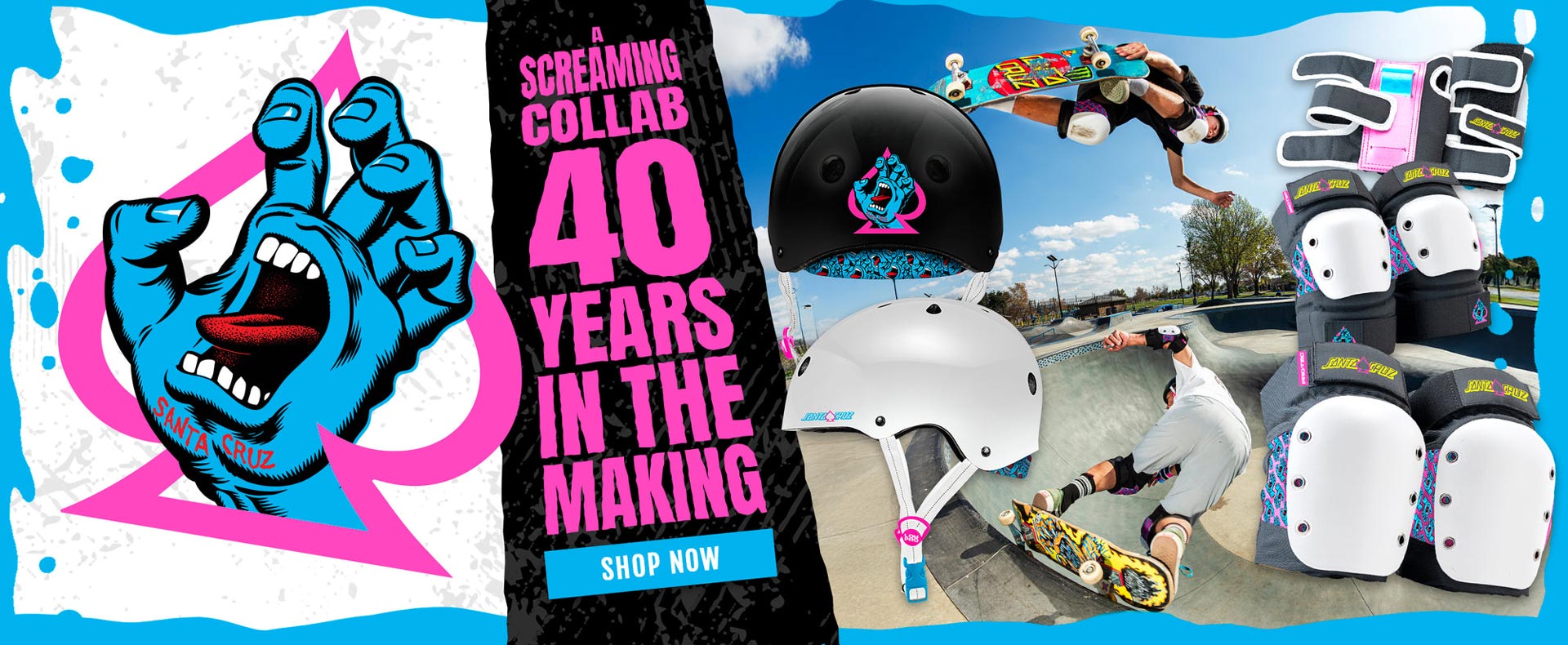 Two skateboarders wearing Santa Cruz Signature Edition Pro-Tec helmets. Text reads "A Screaming Collab 40 Years in the Making."